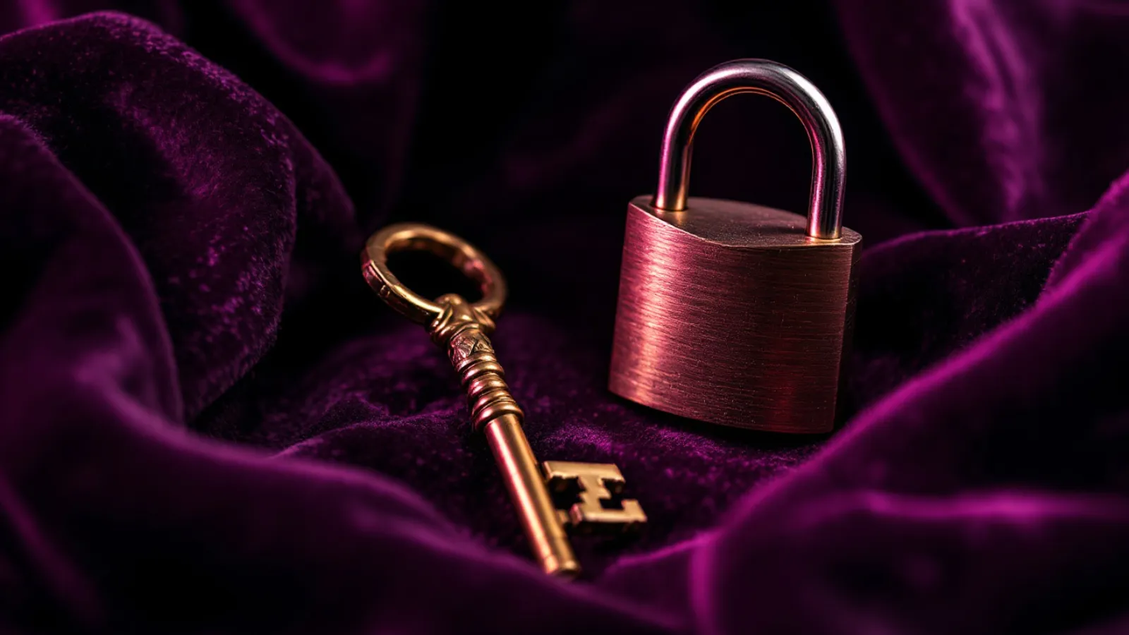 A brass key and a padlock lying on dark velvet under soft pink light