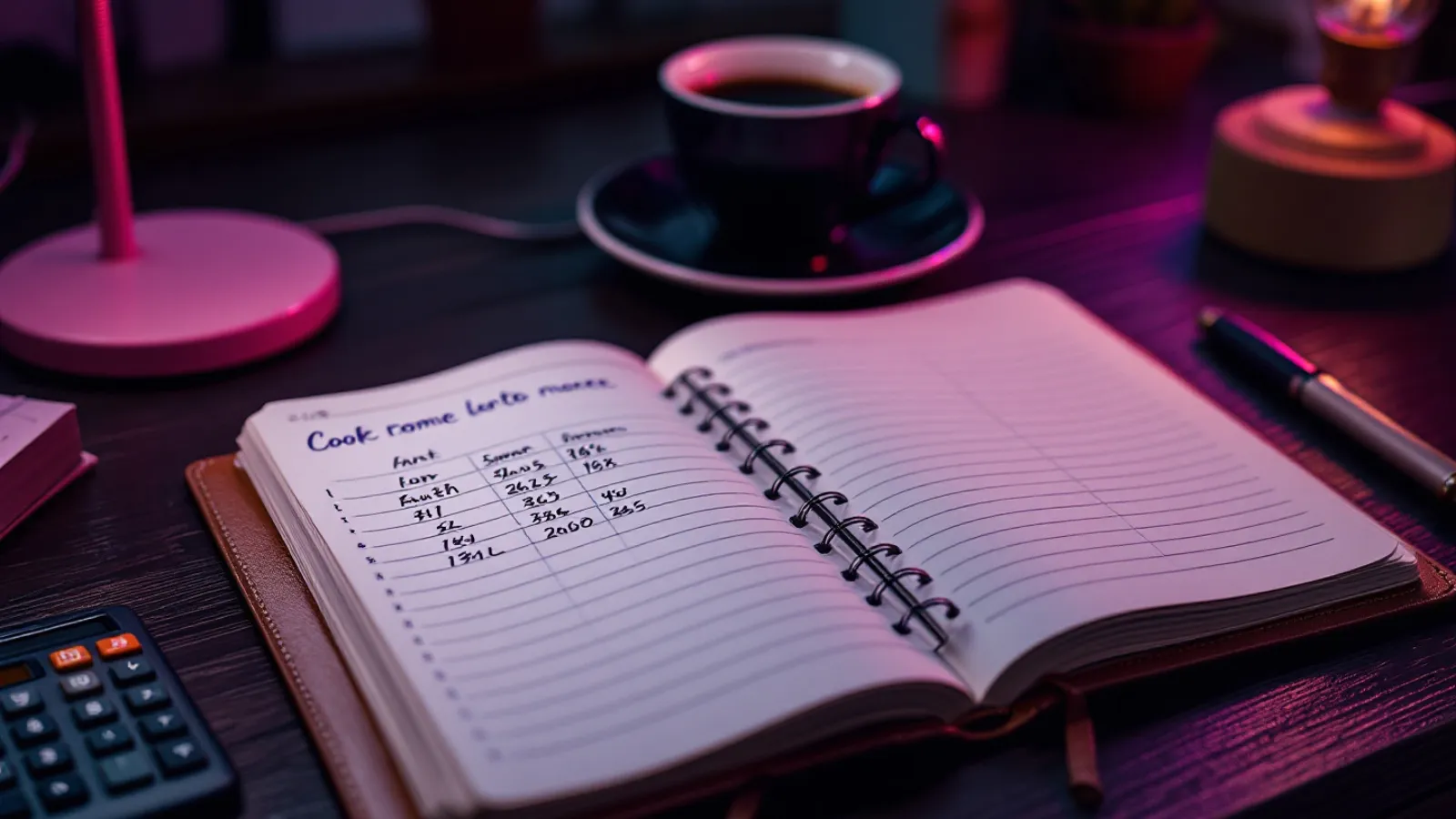 Ein aufgeschlagenes Notizbuch, ein Taschenrechner und eine Tasse Kaffee auf einem dunklen Schreibtisch in pinkem Licht
