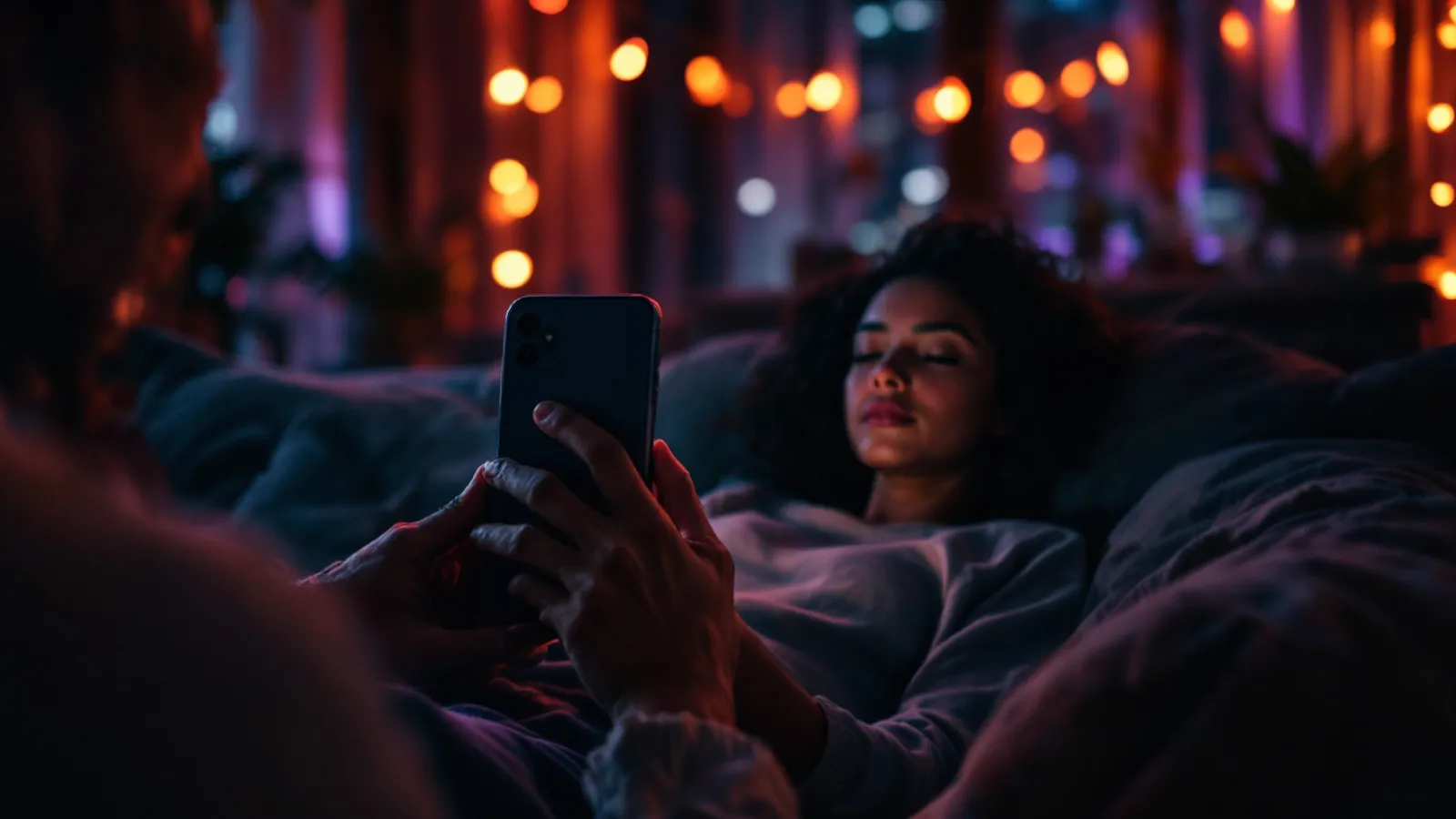 Eine Person sitzt nachts auf dem Sofa und hält ein Handy mit leuchtendem Bildschirm, im Hintergrund warme Lichterketten