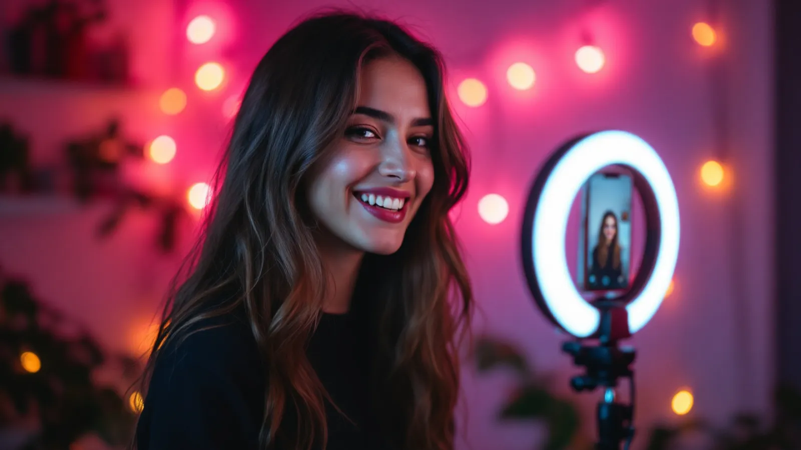 Eine junge Frau mit langen, welligen Haaren filmt sich mit dem Smartphone am Ringlicht in einem pink beleuchteten Home-Studio