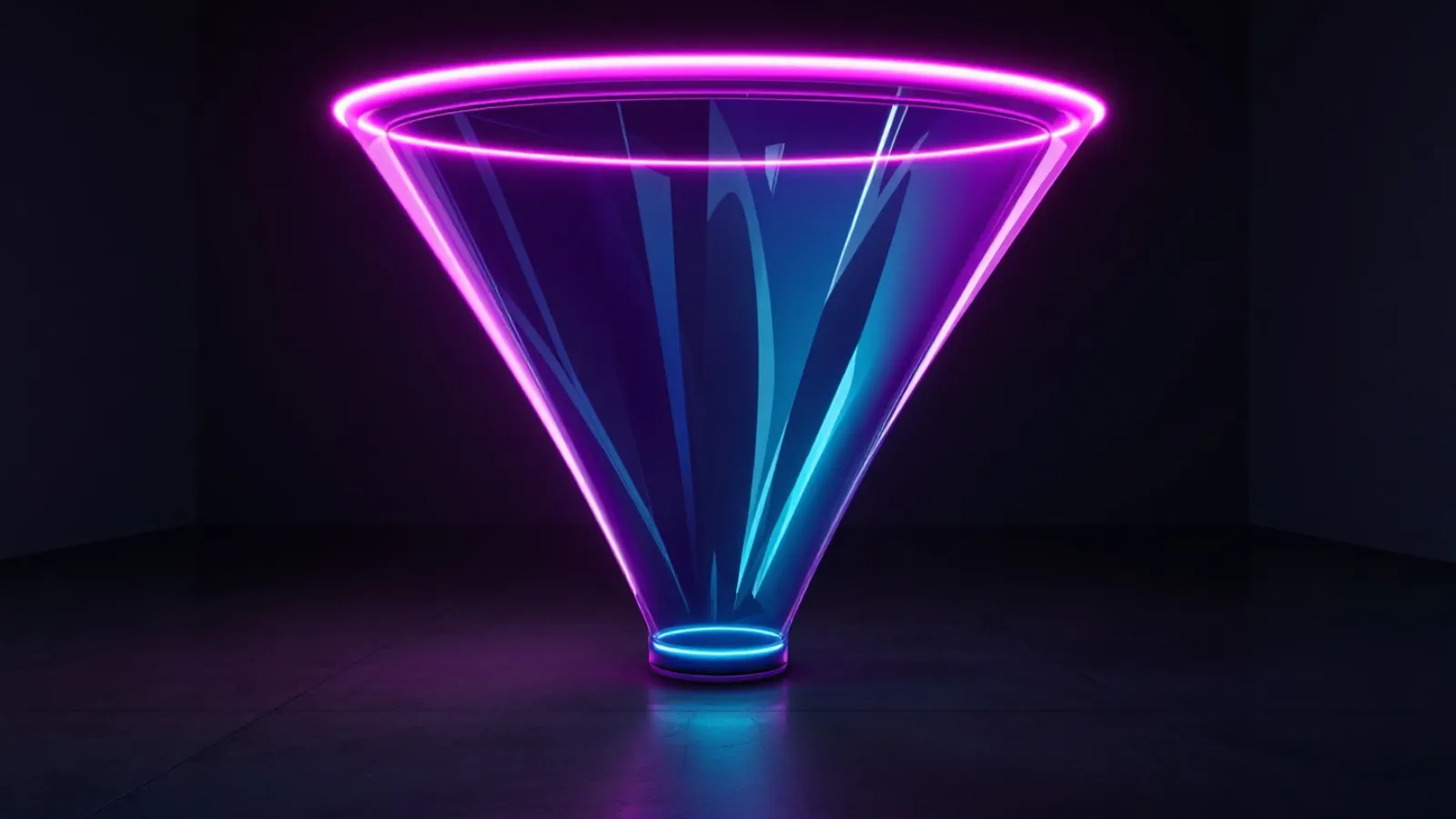 Neon-lit glass tubes forming a funnel shape in a dark studio