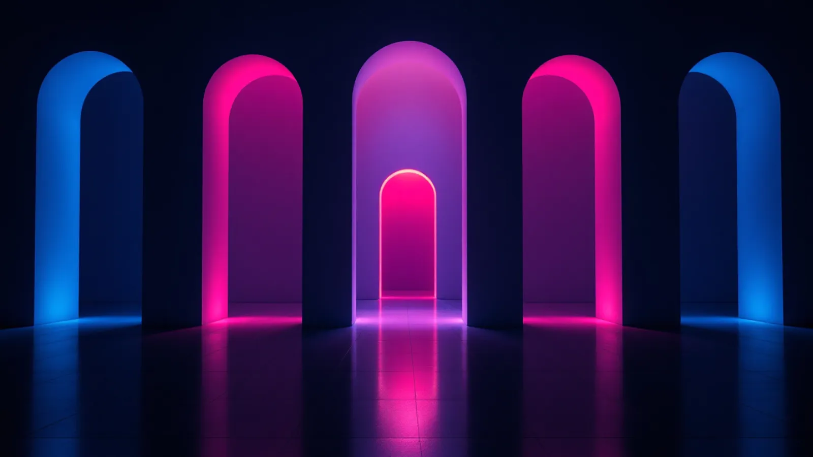 Several glowing doorways side by side in a dark hall, one lit in warm pink