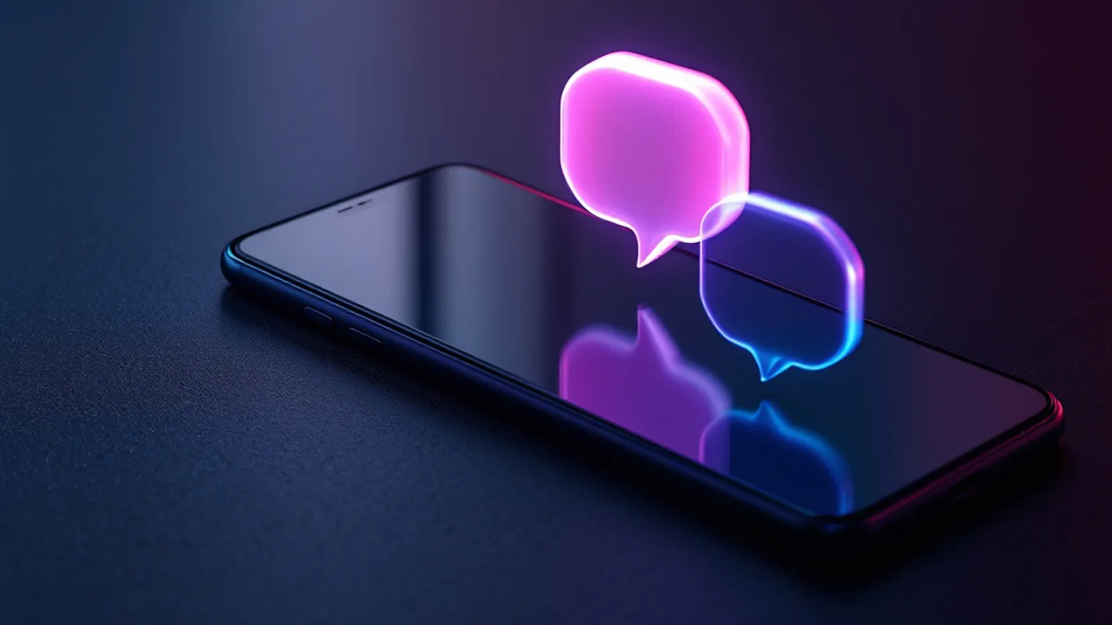 Zwei Smartphones auf einer dunklen Oberfläche mit leuchtenden Chat-Blasen und pinken Lichtreflexen
