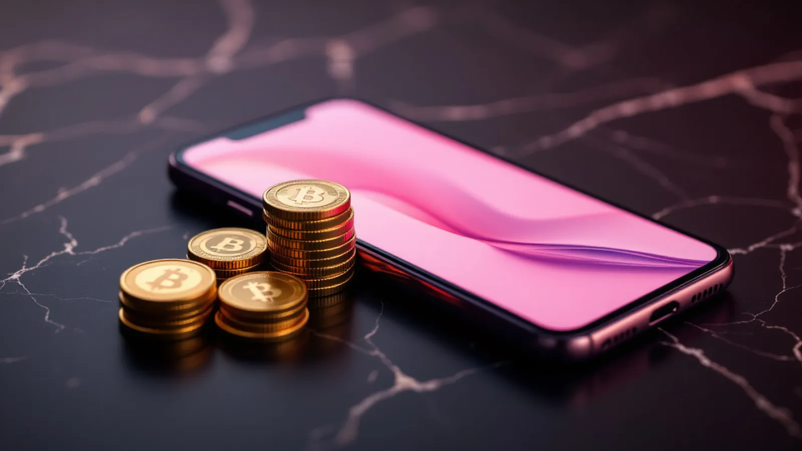 Gestapelte Goldmünzen und ein Smartphone mit pinkem Leuchten auf dunklem Marmor