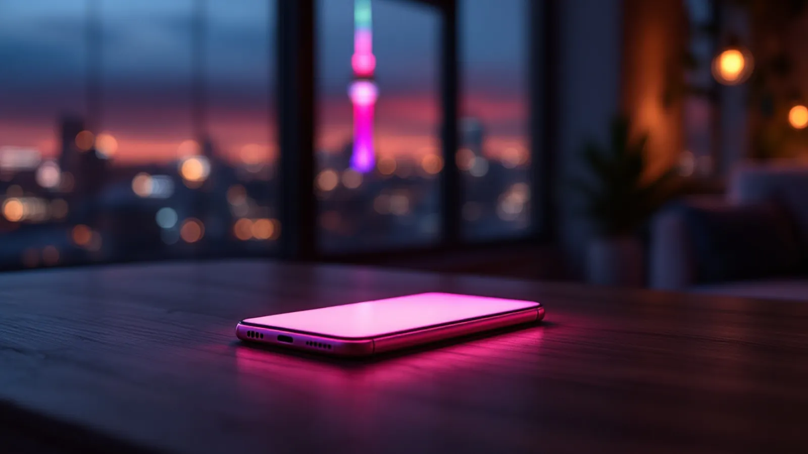 A smartphone glowing on a dark table in a Berlin apartment at night, city lights blurred in the window behind it