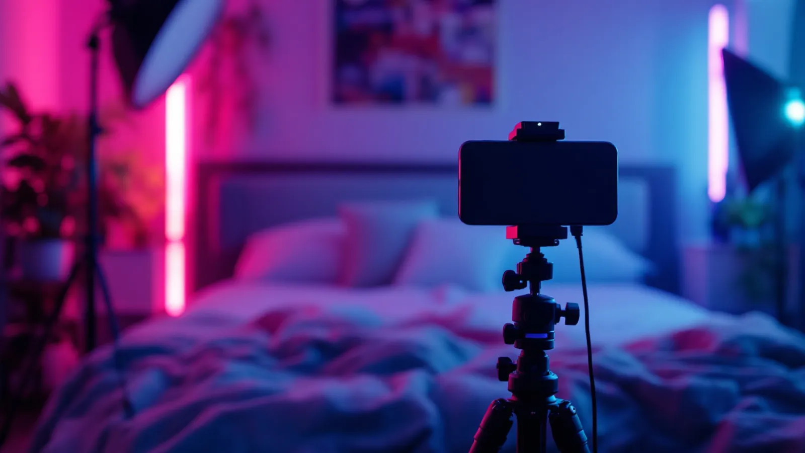 A smartphone on a small tripod with a ring light in a moody pink-lit room, ready to film