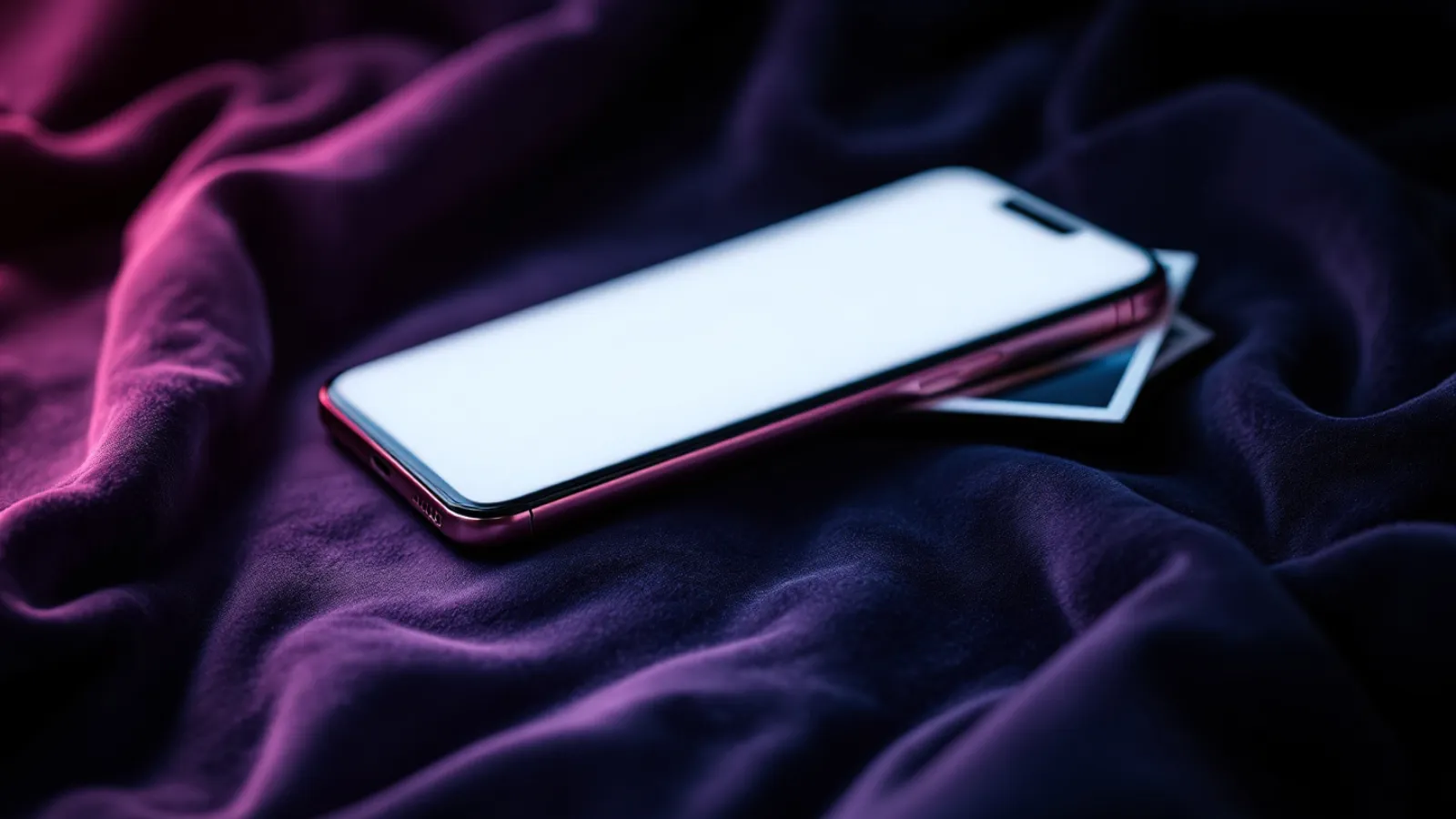 Ein Smartphone auf dunklem Samt, daneben ein kleiner Stapel Polaroids mit pinkem Licht